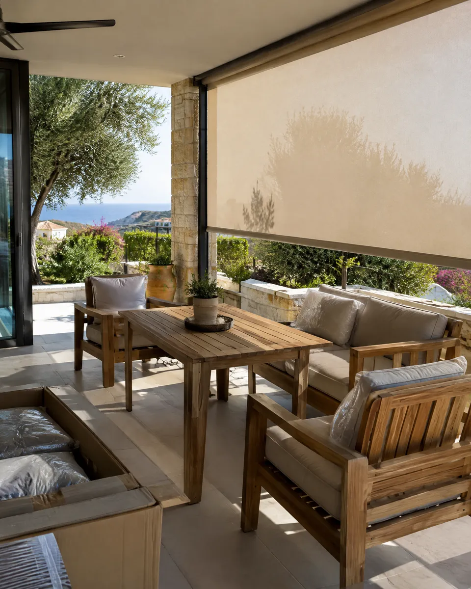 A shaded terrace with garden furniture and a lowered blind