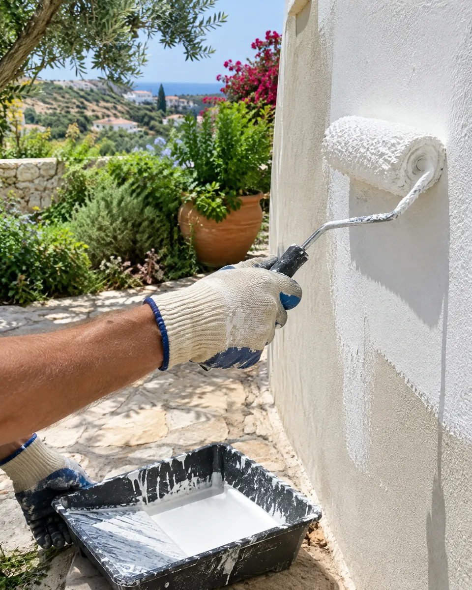Repainting a garden wall with a roller