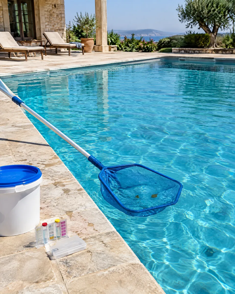 Cleaning a villa pool with a telescopic net